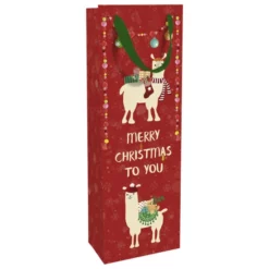 Geschenktasche Flasche X-Mas Lamas, 12x37x8 Cm, Matt Rot